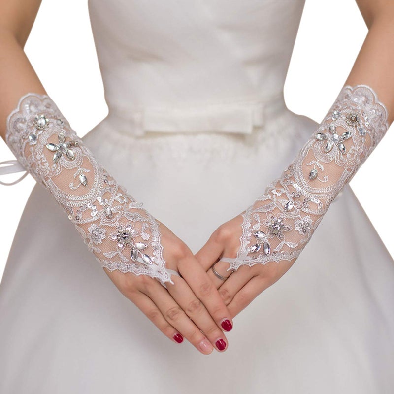 Ayliss Lace Fingerless Rhinestone Bridal Gloves - Crystal Bridal Lace Gloves for Wedding Party Opera Prom Halloween (White) - Image 1